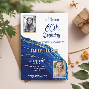 Invitation Marbre Bleu Or Paillettes 2 Photo 60ème Anniversai