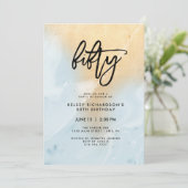 Invitation Marbre bleu pastel et or | Fête du 50e anniversair (Debout devant)