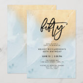 Invitation Marbre bleu pastel et or | Fête du 50e anniversair (Devant / Derrière)