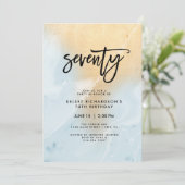 Invitation Marbre bleu pastel et or | Fête du 70e anniversair (Debout devant)