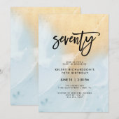 Invitation Marbre bleu pastel et or | Fête du 70e anniversair (Devant / Derrière)