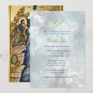 Invitation Marbre Bleu Texturé Lignes Dorées Baptême Orthodox