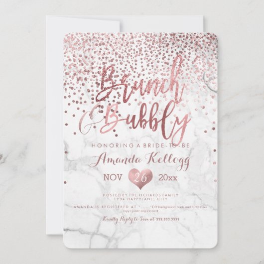 Invitation Marbre Brunch N Bubbly/Faux Rose Gold Confetti (Devant)