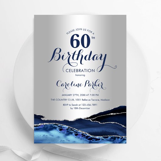 Invitation Marbre d'agate bleu de la marine d'argent 60e anni