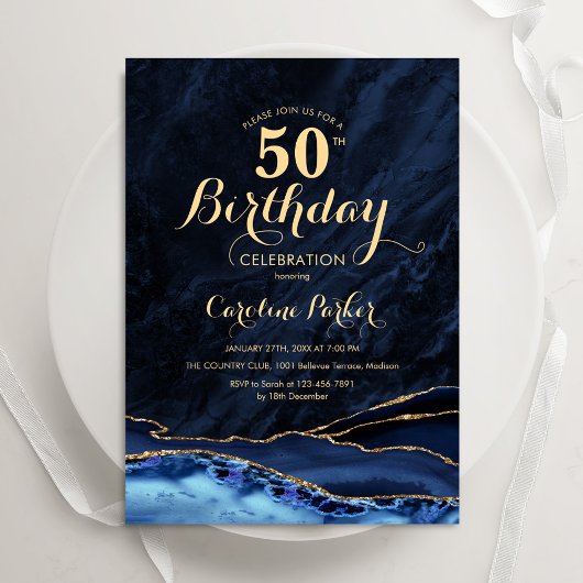 Invitation Marbre d'agate bleu marine 50e anniversaire