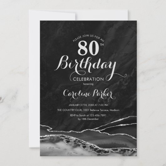Invitation Marbre d'agate d'argent noir 80e anniversaire (Devant)