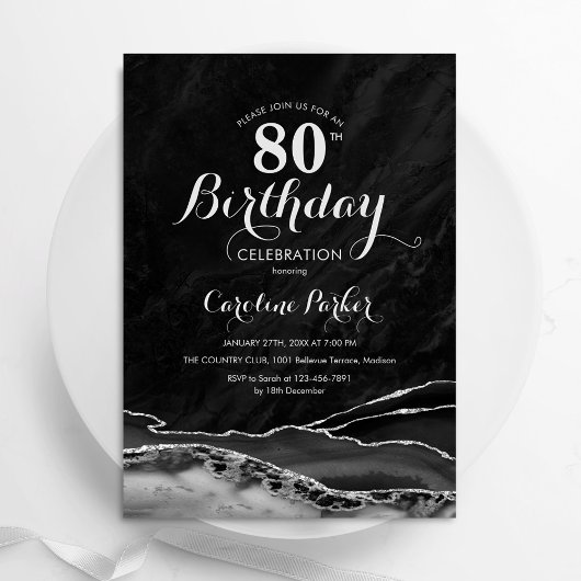 Invitation Marbre d'agate d'argent noir 80e anniversaire
