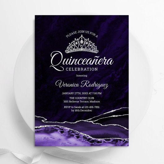 Invitation Marbre d'Agate d'Argent Violet Quinceanera