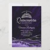 Invitation Marbre d'Agate d'Argent Violet Quinceanera (Devant)