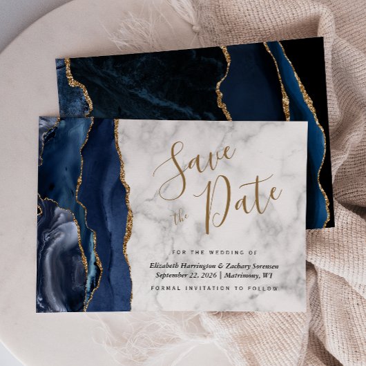 Invitation Marbre d'agate d'or bleu marine moderne Enregistre