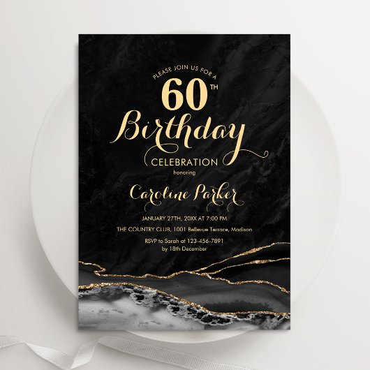 Invitation Marbre d'agate d'or noir 60e anniversaire