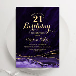 Invitation Marbre d'agate d'or pourpre 21e anniversaire<br><div class="desc">Purple et or agate 21e anniversaire invitation de fête. Design élégant et moderne avec aquarelle agate marbre arrière - plan,  fausse parties scintillant or et typographie script de police. Carte invitation branchée parfaite pour une célébration anniversaire féminine élégante. Invitations Zazzle imprimées ou téléchargement instantané modèle imprimable numérique.</div>