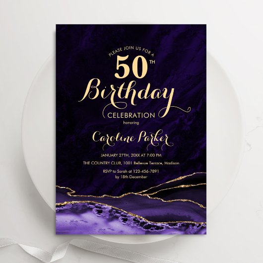 Invitation Marbre d'agate d'or pourpre 50e anniversaire