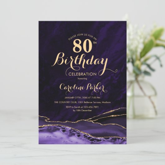Invitation Marbre d'agate d'or pourpre 80e anniversaire (Debout devant)