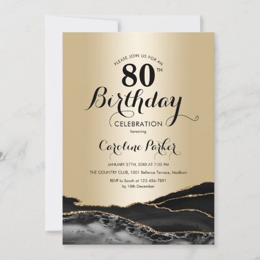 Invitation Marbre d'Agate Noir Or 80e anniversaire (Devant)
