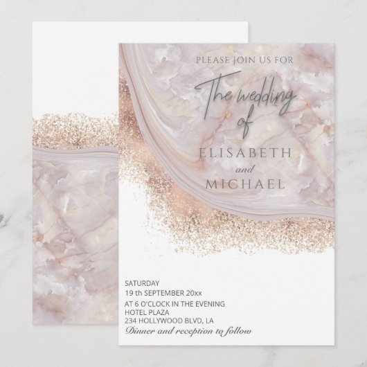 Invitation Marbre d'agate or rose perle calligraphie (Devant / Derrière)