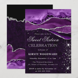 Invitation Marbre d'agate pailleté argent pourpre Sweet Sixte