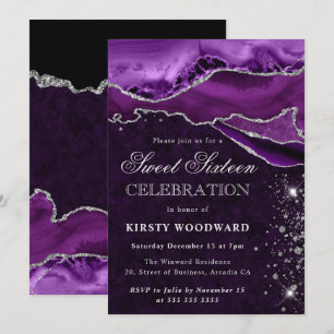 Invitation Marbre d'agate pailleté argent violet Sweet Sixtee