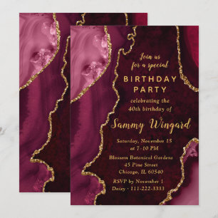 Invitation Marbre d'agate rouge et or Fête d'anniversaire 40