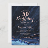 Invitation Marbre d'âge or Rose bleu marine 50e anniversaire (Devant)