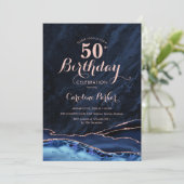 Invitation Marbre d'âge or Rose bleu marine 50e anniversaire (Debout devant)
