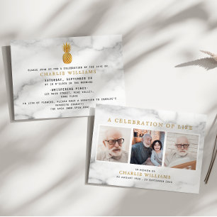 Invitation Marbre d'ananas en or 3-Photo Celebration of Life