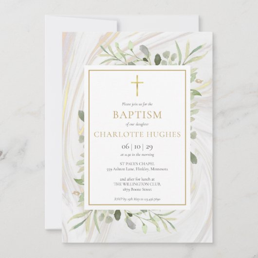 Invitation Marbre de baptême à l'aquarelle verdure (Devant)