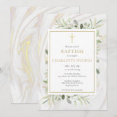 Invitation Marbre de baptême à l'aquarelle verdure (Devant / Derrière)