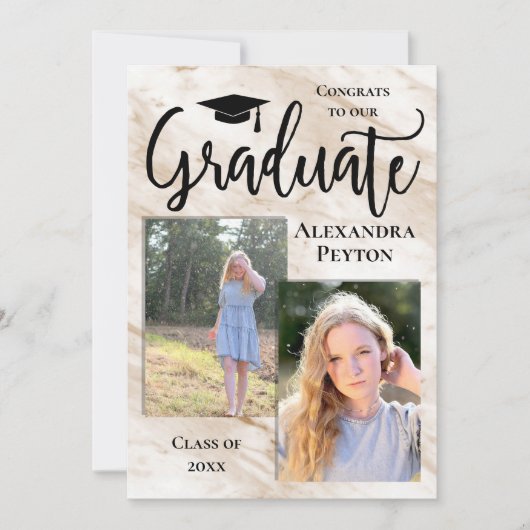 Invitation Marbre de crème Blancs Script Photo Graduation (Devant)