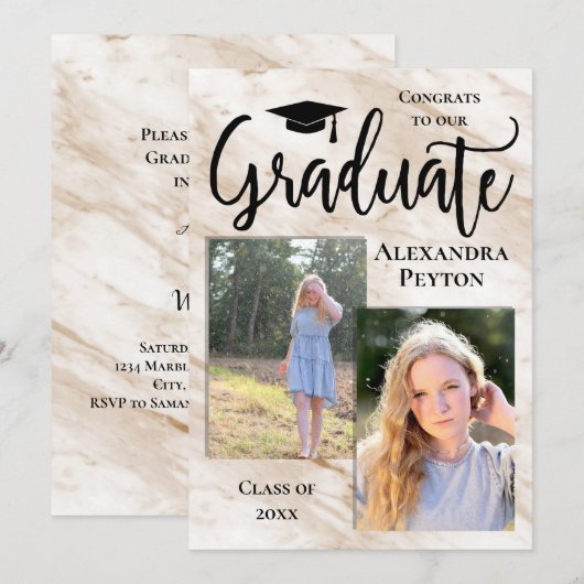 Invitation Marbre de crème Blancs Script Photo Graduation (Devant / Derrière)