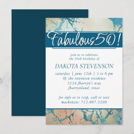 Invitation Marbre de luxe | Beau corail et Turquoise Fabuleux (Devant / Derrière)