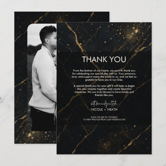 Invitation Marbre de Minuit Doré Mariage Noir & Or (Devant / Derrière)