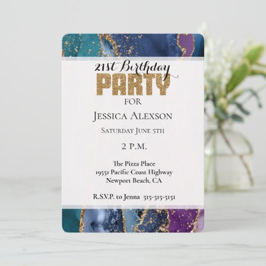 Invitation Marbre de Parties scintillant bleu bleu turquoise (Debout devant)