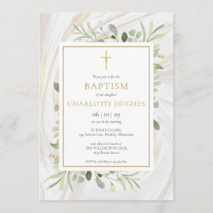 Invitation Marbre de verdure à l'aquarelle Baptême Christenin