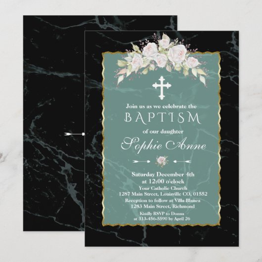 Invitation Marbre d'émeraude Roses blanches Cadre or Baptême (Devant / Derrière)