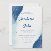 Invitation Marbre d'hiver aquarelle or bleu Mariage (Devant)