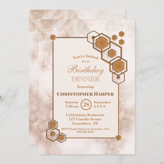 Invitation Marbre d'or Géométrique Dîner d'anniversaire (Devant / Derrière)