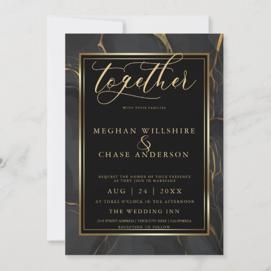 Invitation Marbre d'or noir moderne BarefootBride™ (Devant)