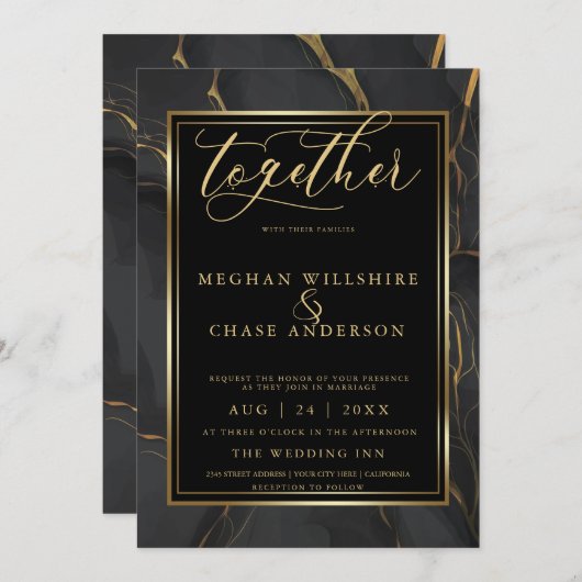 Invitation Marbre d'or noir moderne BarefootBride™ (Devant / Derrière)