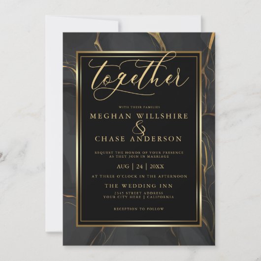 Invitation Marbre d'or noir moderne BarefootBride™ (Devant)