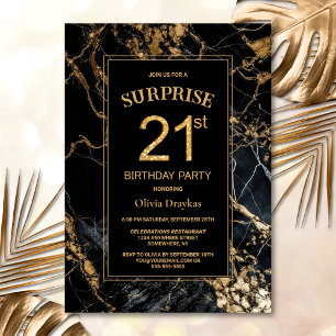 Invitation Marbre d'or noir Surprise 21e fête d'anniversaire