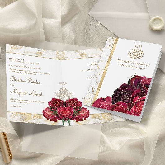 Invitation Marbre d'or Rose de Bourgogne Mariage musulman isl