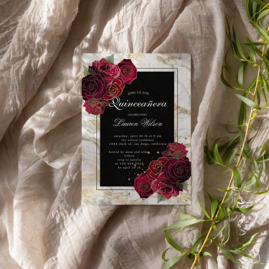 Invitation Marbre d'or Rose Floral Quinceanera