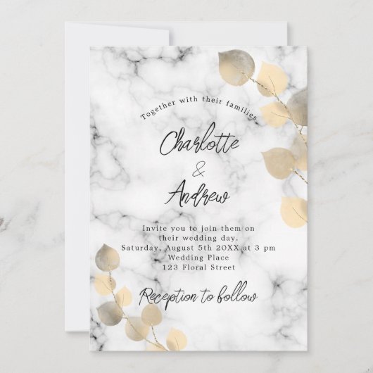 Invitation marbre doré d'eucalyptus mariage (Devant)
