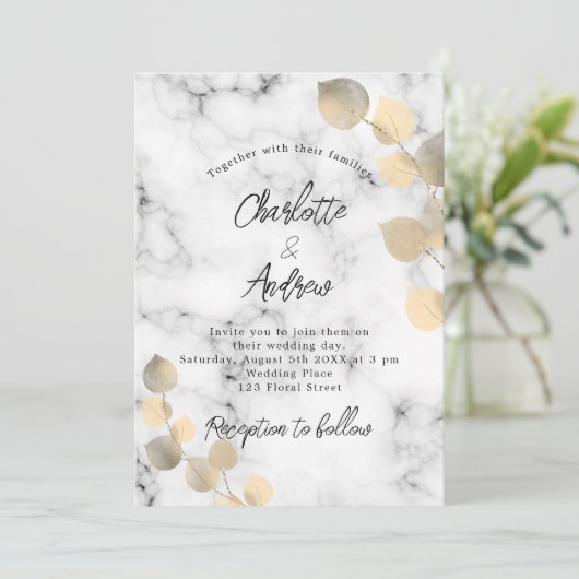 Invitation marbre doré d'eucalyptus mariage (Debout devant)