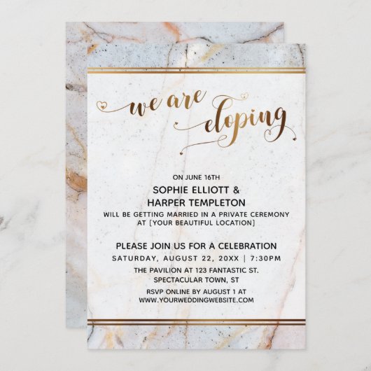 Invitation Marbre Doré Nous Fuyons Amours Calligraphie Coeurs (Devant / Derrière)