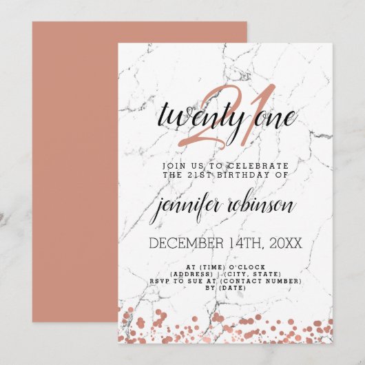 Invitation Marbre doré Rose moderne 21e anniversaire (Devant / Derrière)