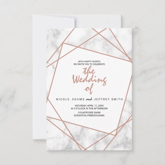 Invitation Marbre et Faux Rose Gold Mariage géométrique Invit (Devant)