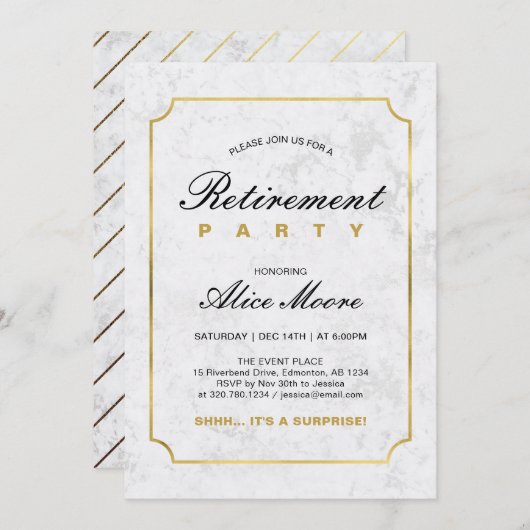 Invitation Marbre et or élégant | Parti de retraite surprise (Devant / Derrière)
