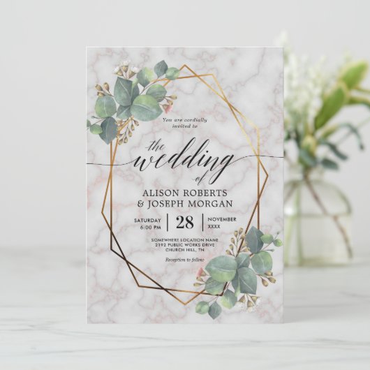 Invitation Marbre eucalyptus or cadre géométrique (Debout devant)